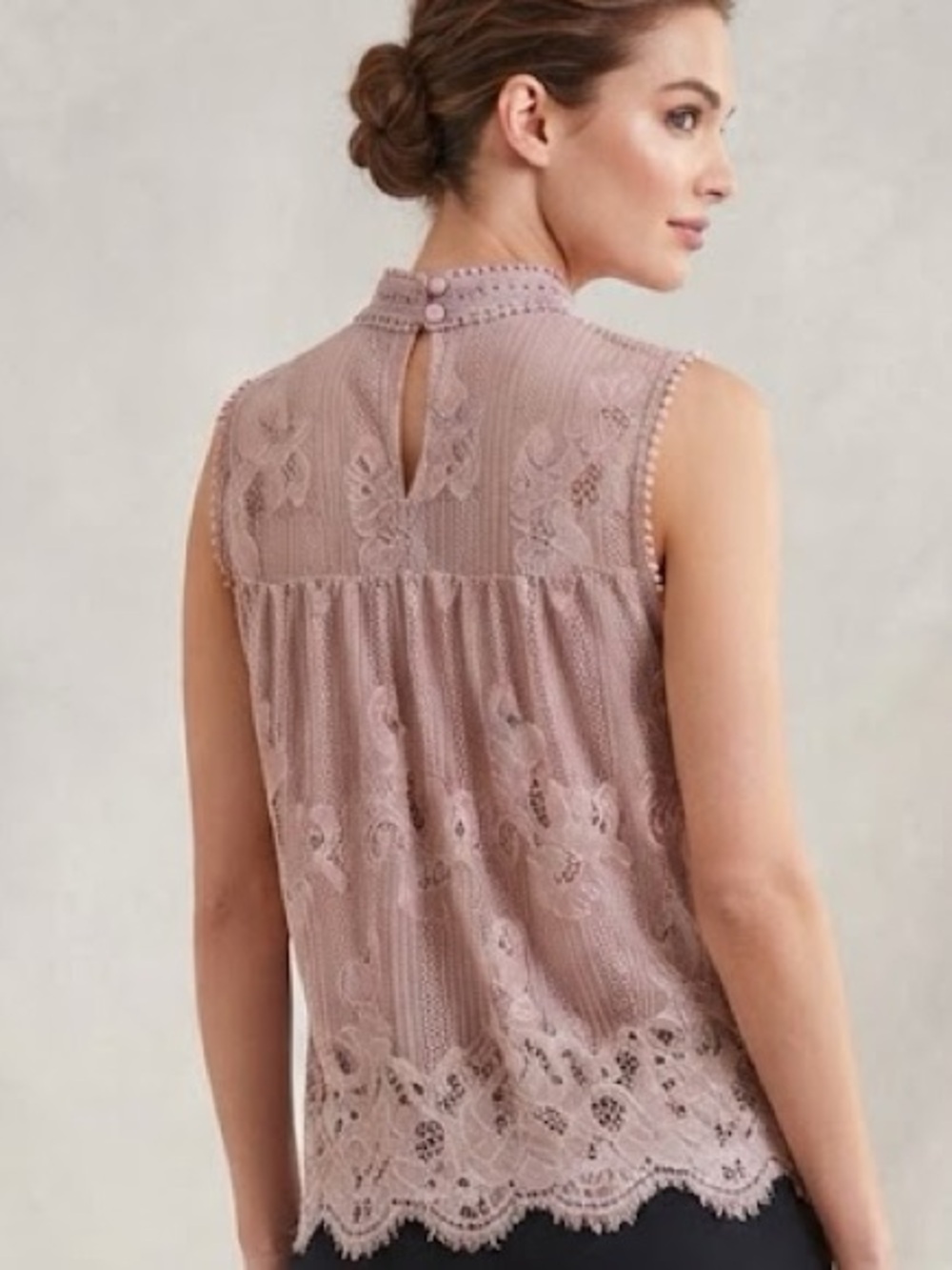 BNWT Delicate Lace High-Neck Sleeveless Buttoned  Mesh Top - Blush Soft Pink
